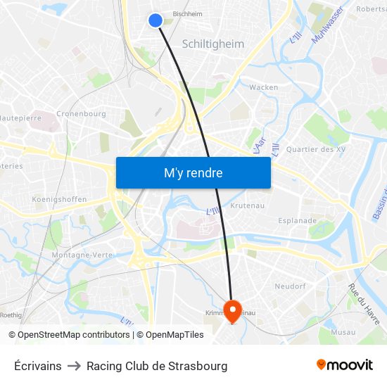 Écrivains to Racing Club de Strasbourg map