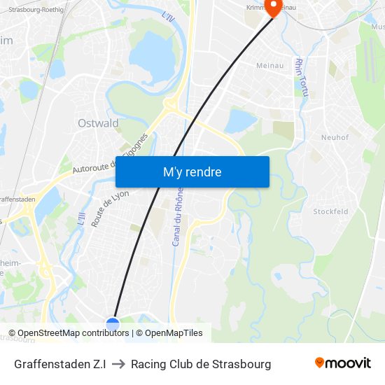 Graffenstaden Z.I to Racing Club de Strasbourg map