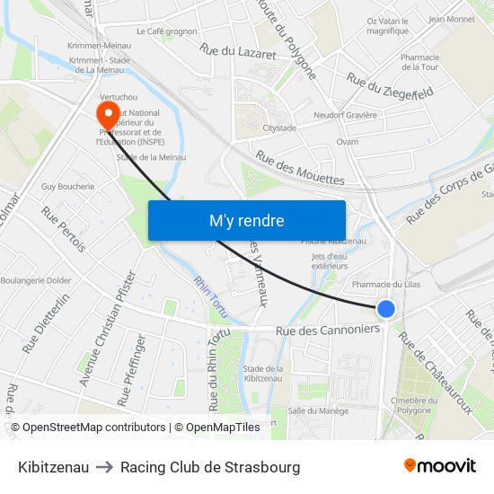 Kibitzenau to Racing Club de Strasbourg map