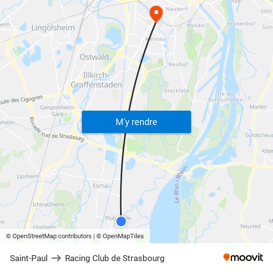 Saint-Paul to Racing Club de Strasbourg map