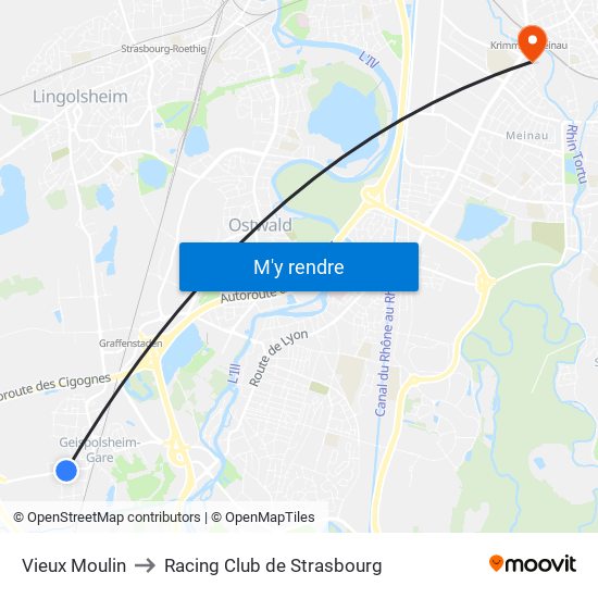 Vieux Moulin to Racing Club de Strasbourg map