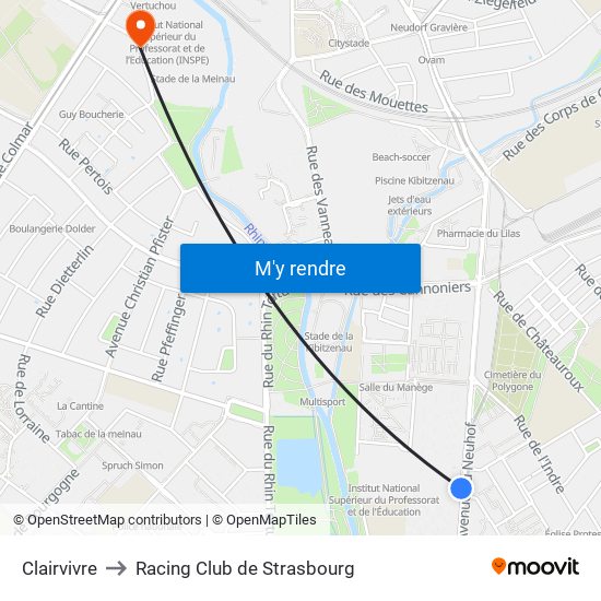 Clairvivre to Racing Club de Strasbourg map