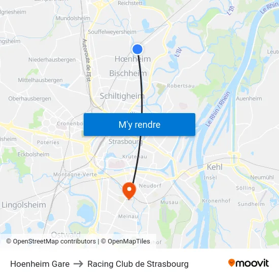 Hoenheim Gare to Racing Club de Strasbourg map