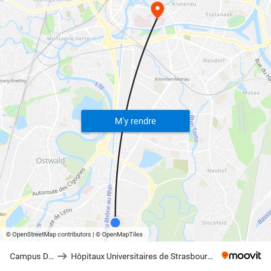 Campus D'Illkirch to Hôpitaux Universitaires de Strasbourg Hôpital Civil-Autres map