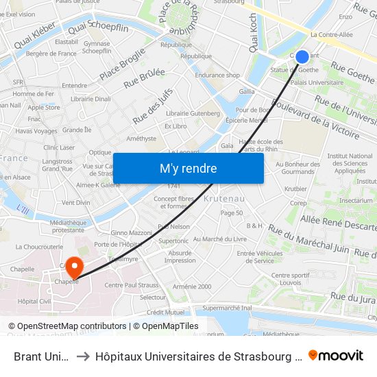 Brant Université to Hôpitaux Universitaires de Strasbourg Hôpital Civil-Autres map