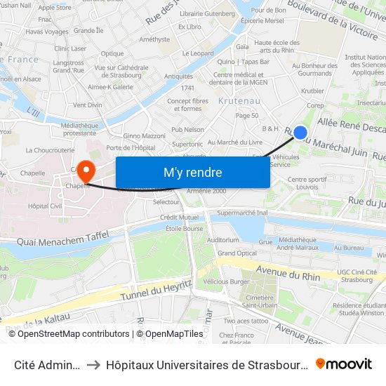 Cité Administrative to Hôpitaux Universitaires de Strasbourg Hôpital Civil-Autres map