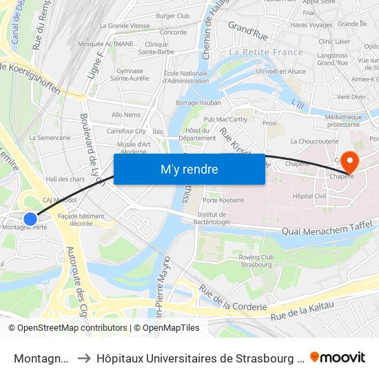 Montagne Verte to Hôpitaux Universitaires de Strasbourg Hôpital Civil-Autres map