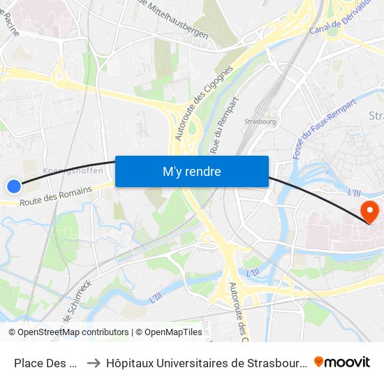 Place Des Romains to Hôpitaux Universitaires de Strasbourg Hôpital Civil-Autres map