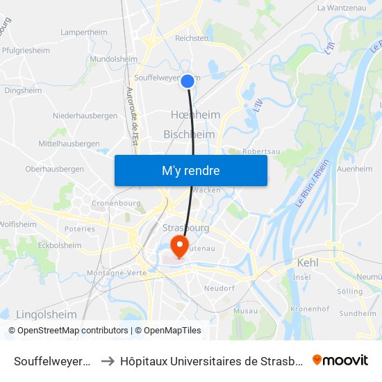 Souffelweyersheim Canal to Hôpitaux Universitaires de Strasbourg Hôpital Civil-Autres map