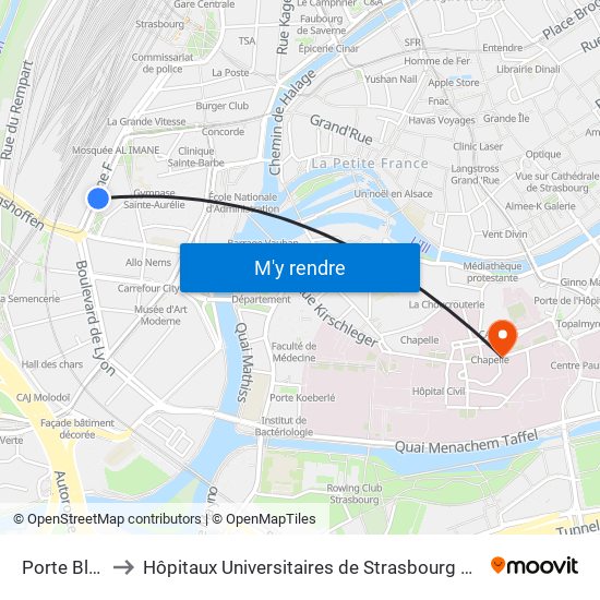 Porte Blanche to Hôpitaux Universitaires de Strasbourg Hôpital Civil-Autres map