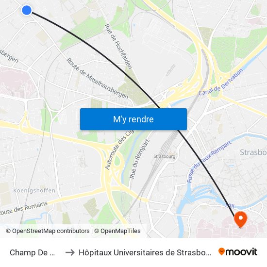 Champ De Manoeuvre to Hôpitaux Universitaires de Strasbourg Hôpital Civil-Autres map