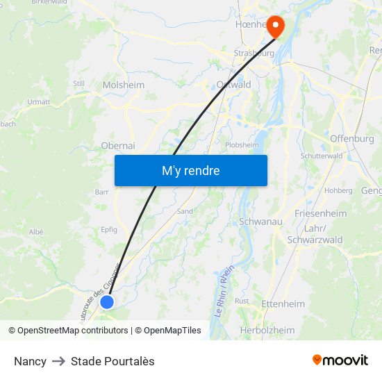 Nancy to Stade Pourtalès map