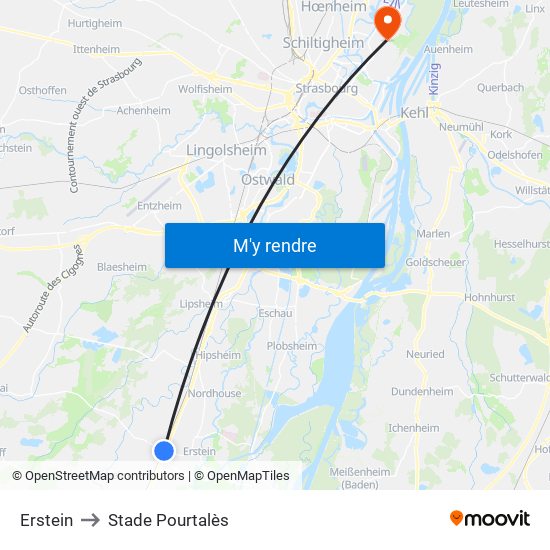 Erstein to Stade Pourtalès map