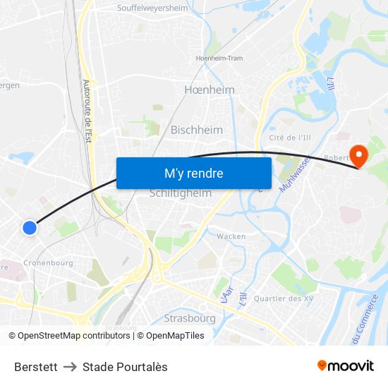Berstett to Stade Pourtalès map
