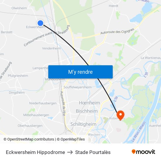 Eckwersheim Hippodrome to Stade Pourtalès map