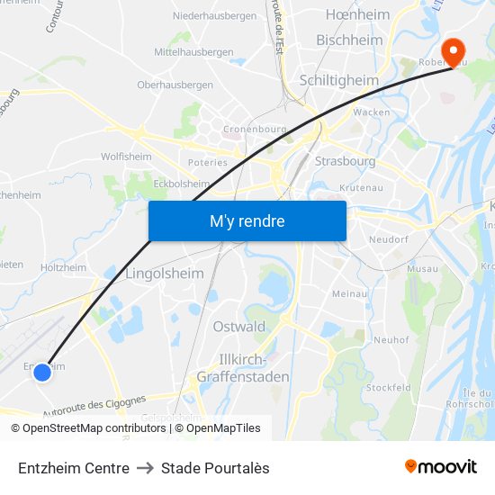 Entzheim Centre to Stade Pourtalès map