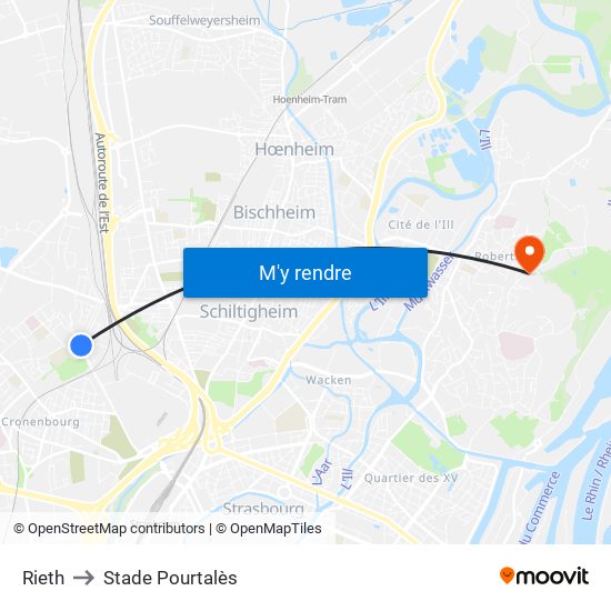 Rieth to Stade Pourtalès map