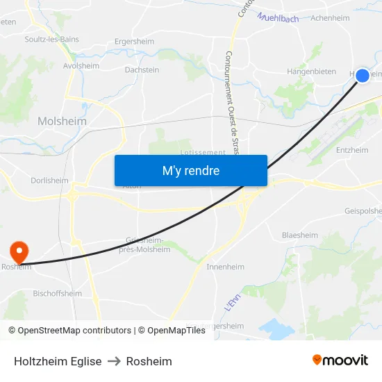 Holtzheim Eglise to Rosheim map