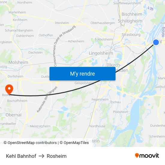 Kehl Bahnhof to Rosheim map