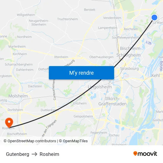 Gutenberg to Rosheim map