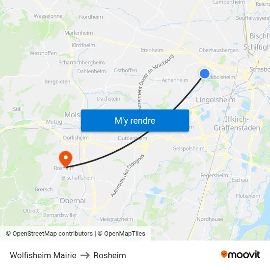 Wolfisheim Mairie to Rosheim map