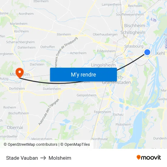 Stade Vauban to Molsheim map