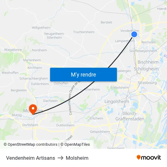 Vendenheim Artisans to Molsheim map