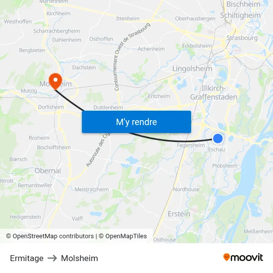 Ermitage to Molsheim map