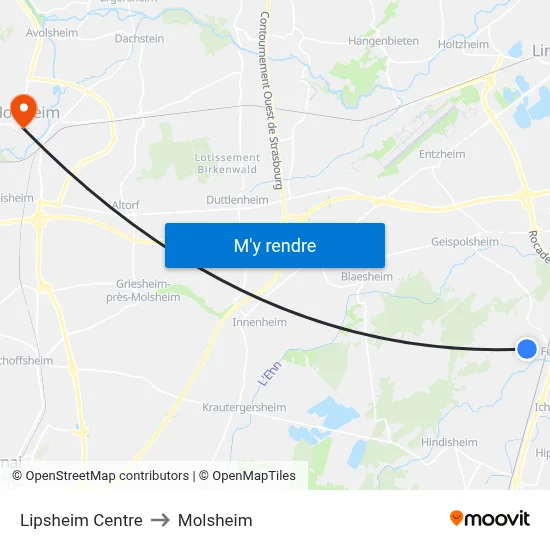 Lipsheim Centre to Molsheim map