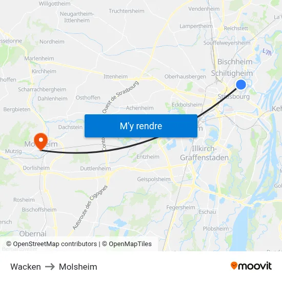 Wacken to Molsheim map