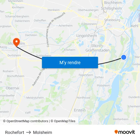 Rochefort to Molsheim map