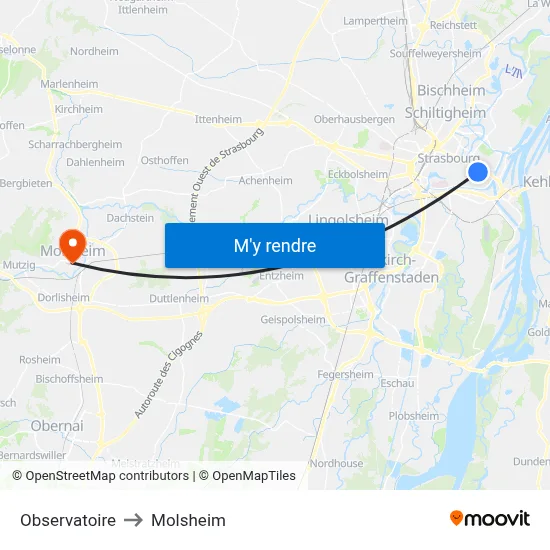 Observatoire to Molsheim map