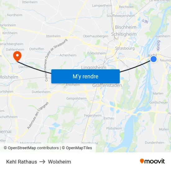 Kehl Rathaus to Wolxheim map