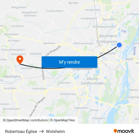 Robertsau Église to Wolxheim map
