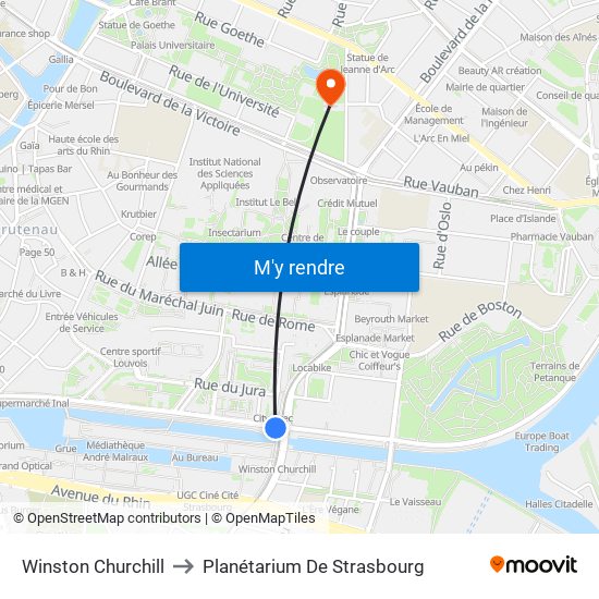 Winston Churchill to Planétarium De Strasbourg map