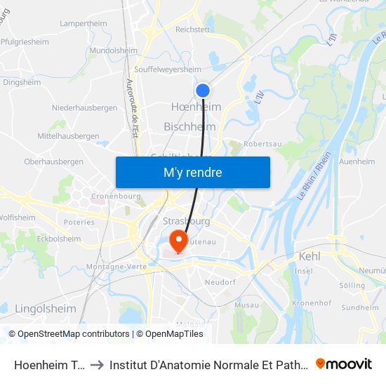 Hoenheim Tram to Institut D'Anatomie Normale Et Pathologique map