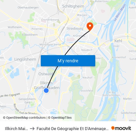 Illkirch Mairie to Faculté De Géographie Et D'Aménaqement map