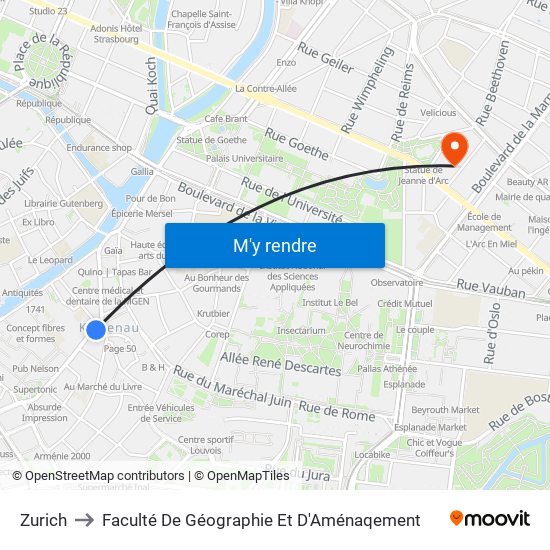Zurich to Faculté De Géographie Et D'Aménaqement map