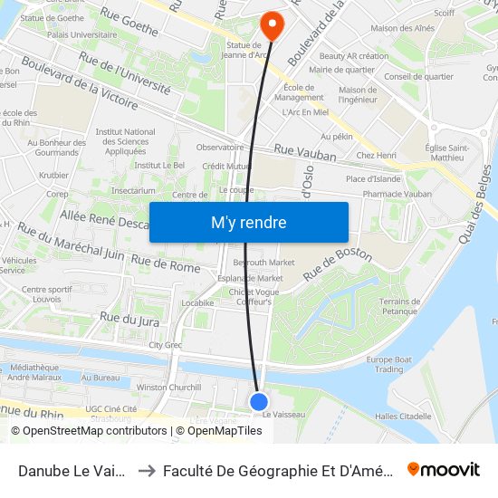 Danube Le Vaisseau to Faculté De Géographie Et D'Aménaqement map