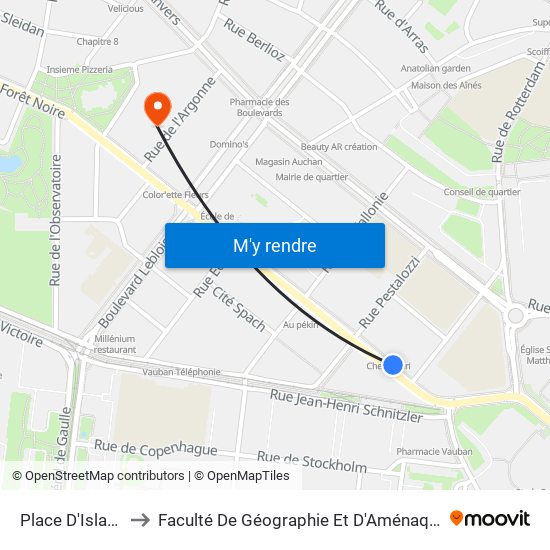 Place D'Islande to Faculté De Géographie Et D'Aménaqement map