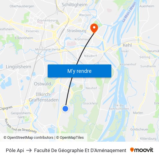 Pôle Api to Faculté De Géographie Et D'Aménaqement map