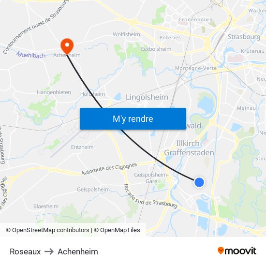Roseaux to Achenheim map