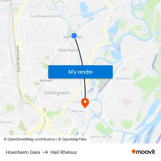 Hoenheim Gare to Hall Rhénus map