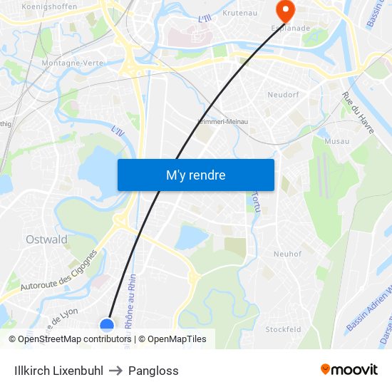 Illkirch Lixenbuhl to Pangloss map