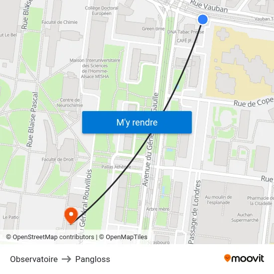 Observatoire to Pangloss map