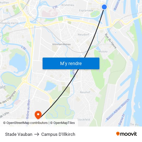 Stade Vauban to Campus D'Illkirch map