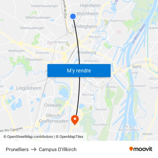 Prunelliers to Campus D'Illkirch map