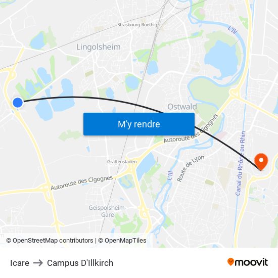 Icare to Campus D'Illkirch map