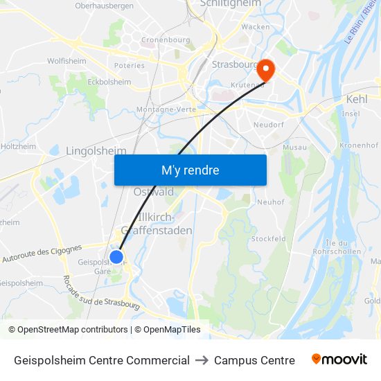 Geispolsheim Centre Commercial to Campus Centre map