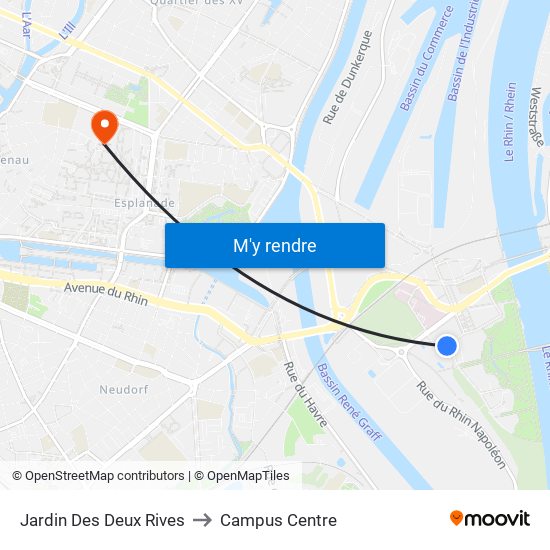 Jardin Des Deux Rives to Campus Centre map